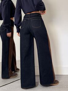 Flexra Women's Vintage Patchwork Design Loose Wide Leg Denim Jeans - Multicolor - View 3