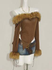 SHEIN ICON Fall Women's Western Boho Vintage Brown Fluffy Going Out Solid Color Fuzzy Patchwork Off Shoulder Long Sleeve Asymmetric Hem Fashionable Blouse - Brown - View 8