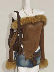 SHEIN ICON Fall Women's Western Boho Vintage Brown Fluffy Going Out Solid Color Fuzzy Patchwork Off Shoulder Long Sleeve Asymmetric Hem Fashionable Blouse - Brown - View 4