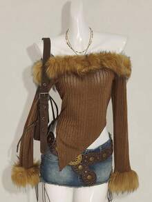 SHEIN ICON Fall Women's Western Boho Vintage Brown Fluffy Going Out Solid Color Fuzzy Patchwork Off Shoulder Long Sleeve Asymmetric Hem Fashionable Blouse - Brown - View 9