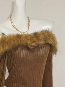 SHEIN ICON Fall Women's Western Boho Vintage Brown Fluffy Going Out Solid Color Fuzzy Patchwork Off Shoulder Long Sleeve Asymmetric Hem Fashionable Blouse - Brown - View 6