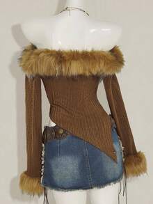 SHEIN ICON Fall Women's Western Boho Vintage Brown Fluffy Going Out Solid Color Fuzzy Patchwork Off Shoulder Long Sleeve Asymmetric Hem Fashionable Blouse - Brown - View 2