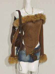 SHEIN ICON Fall Women's Western Boho Vintage Brown Fluffy Going Out Solid Color Fuzzy Patchwork Off Shoulder Long Sleeve Asymmetric Hem Fashionable Blouse - Brown - View 3