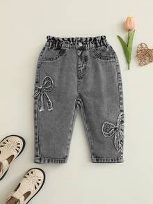 SHEIN Baby Girl Bow Trim Pocket Casual Jeans Autumn Fall - Grey - View 6