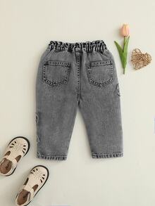 SHEIN Baby Girl Bow Trim Pocket Casual Jeans Autumn Fall - Grey - View 2