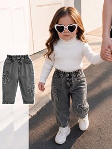 SHEIN Baby Girl Bow Trim Pocket Casual Jeans Autumn Fall - Grey - View 1