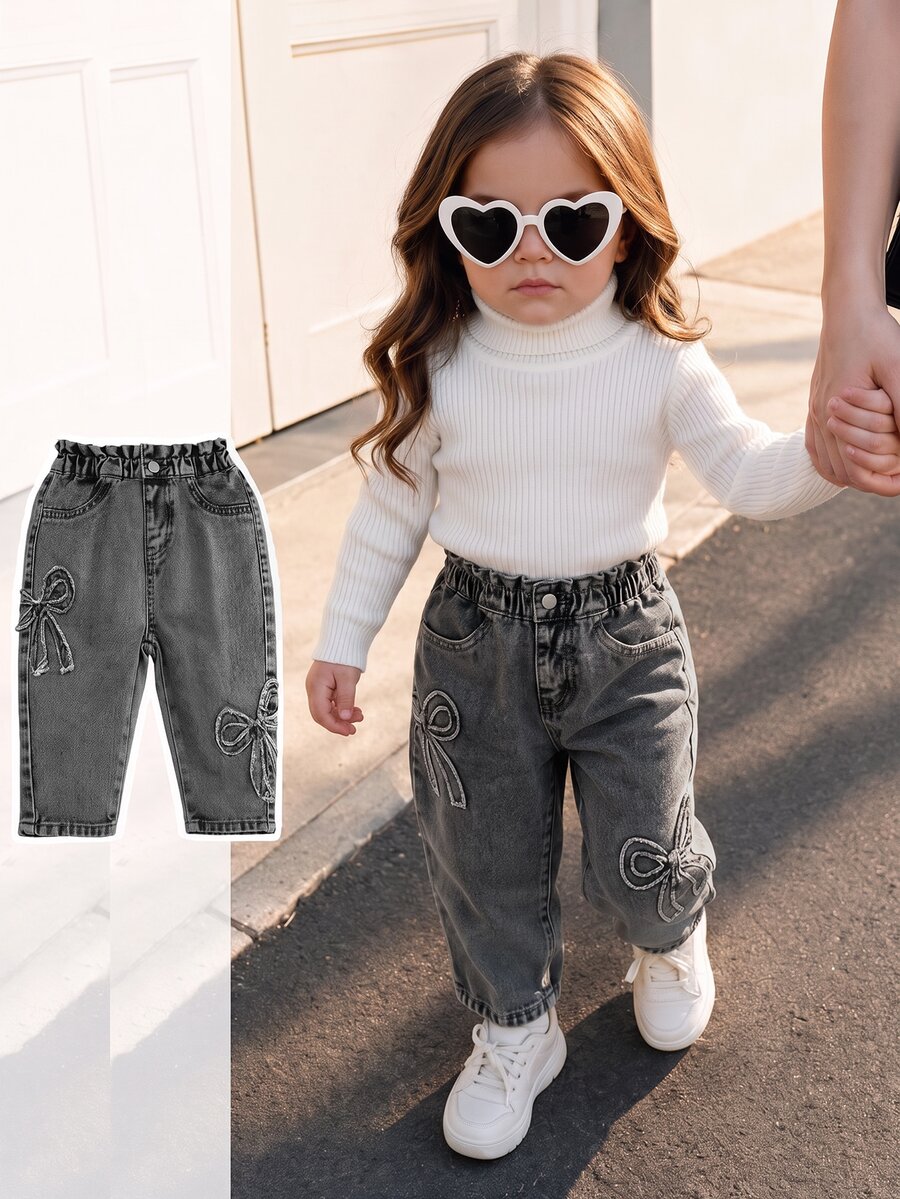 SHEIN Baby Girl Bow Trim Pocket Casual Jeans Autumn Fall - Grey - View 1