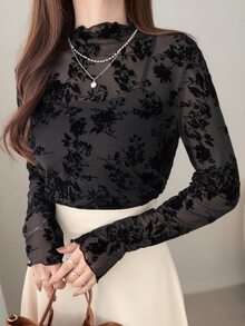 FRIFUL ملابس علوية نسائية أنيقة من الشبك المزخرف بالزهور المخملية، ضيقة، بأكمام طويلة، ملابس علوية لطيفة - الأسود - مشاهدة 5