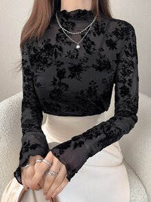 FRIFUL ملابس علوية نسائية أنيقة من الشبك المزخرف بالزهور المخملية، ضيقة، بأكمام طويلة، ملابس علوية لطيفة - الأسود - مشاهدة 1