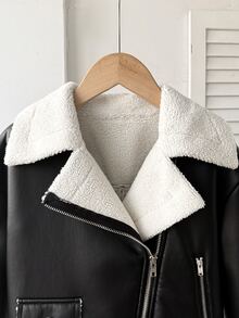 SHEIN 青少年女孩外套 秋冬街頭風 PU皮革與毛皮複合保暖內裡加厚撞色翻領機車夾克，適合秋冬日常穿著 - 黑色 - 查看 5