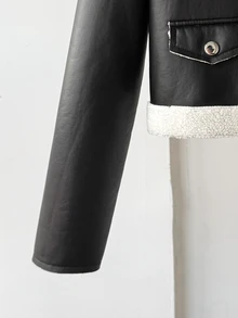 SHEIN 青少年女孩外套 秋冬街頭風 PU皮革與毛皮複合保暖內裡加厚撞色翻領機車夾克，適合秋冬日常穿著 - 黑色 - 查看 7