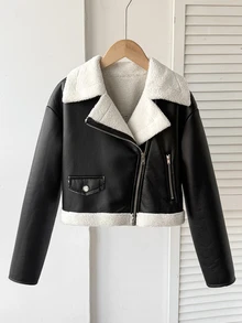 SHEIN 青少年女孩外套 秋冬街頭風 PU皮革與毛皮複合保暖內裡加厚撞色翻領機車夾克，適合秋冬日常穿著 - 黑色 - 查看 2