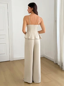 SHEIN Tall Casual Two Pieces Set For Tall Women: Apricot-Colored Lace-Panel Tank Top And Trousers. - Apricot - View 2