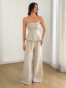 SHEIN Tall Casual Two Pieces Set For Tall Women: Apricot-Colored Lace-Panel Tank Top And Trousers. - Apricot - View 3
