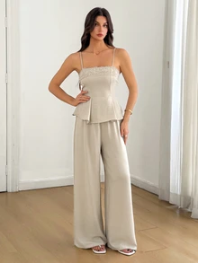 SHEIN Tall Casual Two Pieces Set For Tall Women: Apricot-Colored Lace-Panel Tank Top And Trousers. - Apricot - View 7