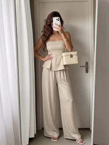 SHEIN Tall Casual Two Pieces Set For Tall Women: Apricot-Colored Lace-Panel Tank Top And Trousers. - Apricot - View 8