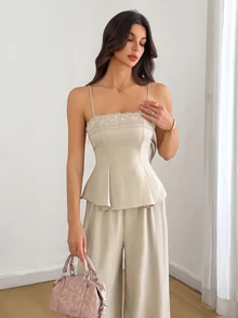 SHEIN Tall Casual Two Pieces Set For Tall Women: Apricot-Colored Lace-Panel Tank Top And Trousers. - Apricot - View 9