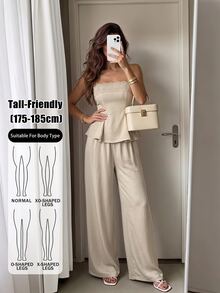 SHEIN Tall Casual Two Pieces Set For Tall Women: Apricot-Colored Lace-Panel Tank Top And Trousers. - Apricot - View 1