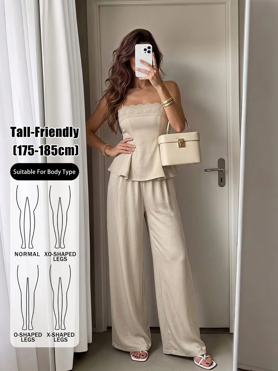 SHEIN Tall Casual Two Pieces Set For Tall Women: Apricot-Colored Lace-Panel Tank Top And Trousers. - Apricot - View 1