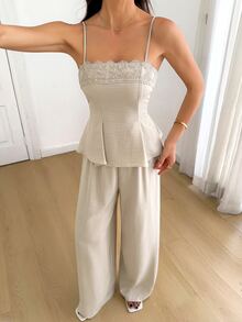 SHEIN Tall Casual Two Pieces Set For Tall Women: Apricot-Colored Lace-Panel Tank Top And Trousers. - Apricot - View 6