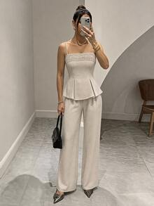SHEIN Tall Casual Two Pieces Set For Tall Women: Apricot-Colored Lace-Panel Tank Top And Trousers. - Apricot - View 10
