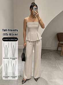 SHEIN Tall Casual Two Pieces Set For Tall Women: Apricot-Colored Lace-Panel Tank Top And Trousers. - Apricot - View 4