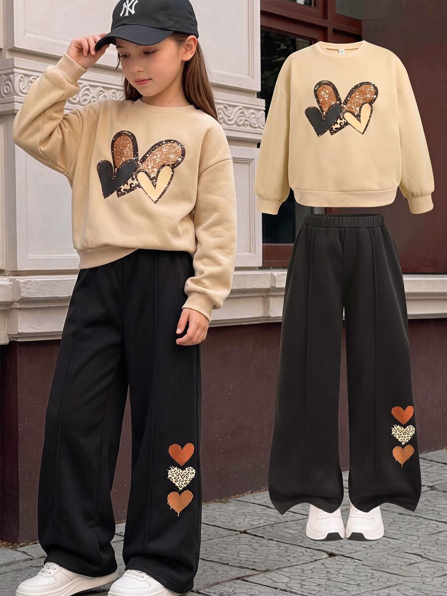 SHEIN 青少年女孩長袖運動衫愛心印花套裝休閒日常街頭風2件套穿搭 - 彩色 - 查看 1