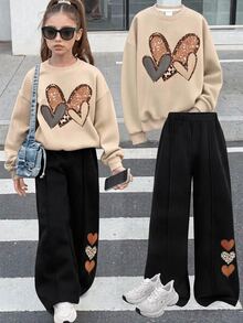 SHEIN 青少年女孩長袖運動衫愛心印花套裝休閒日常街頭風2件套穿搭 - 彩色 - 查看 8