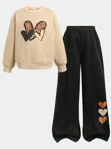 SHEIN 青少年女孩長袖運動衫愛心印花套裝休閒日常街頭風2件套穿搭 - 彩色 - 查看 9