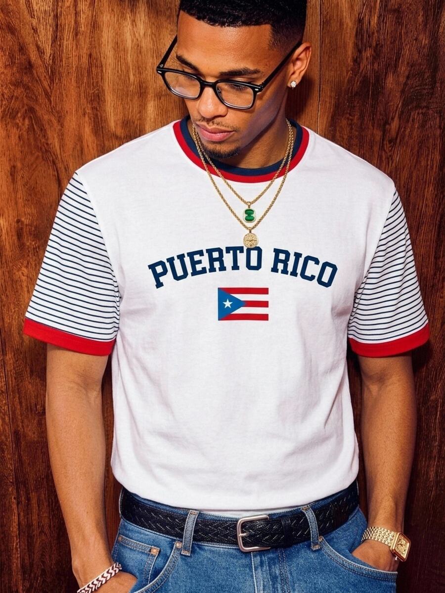 Aesthetic Post Men's Puerto Rico Letter Print Graphic T-Shirt,Navy And White,Summer,Streetwear,Vacation Casual Ringer Neck Short Sleeve Top For Football Soccer Fans - Multicolor - View 1