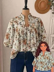 Rusticease 大尺碼女款花卉印花百褶休閒波西米亞風百搭日常穿著上衣，白色秋季海灘度假上衣 - 彩色 - 查看 2