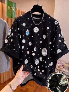INAWLY 女士加大码多功能水钻珍珠印花圆领短袖T恤 - 黑色 - 查看 1