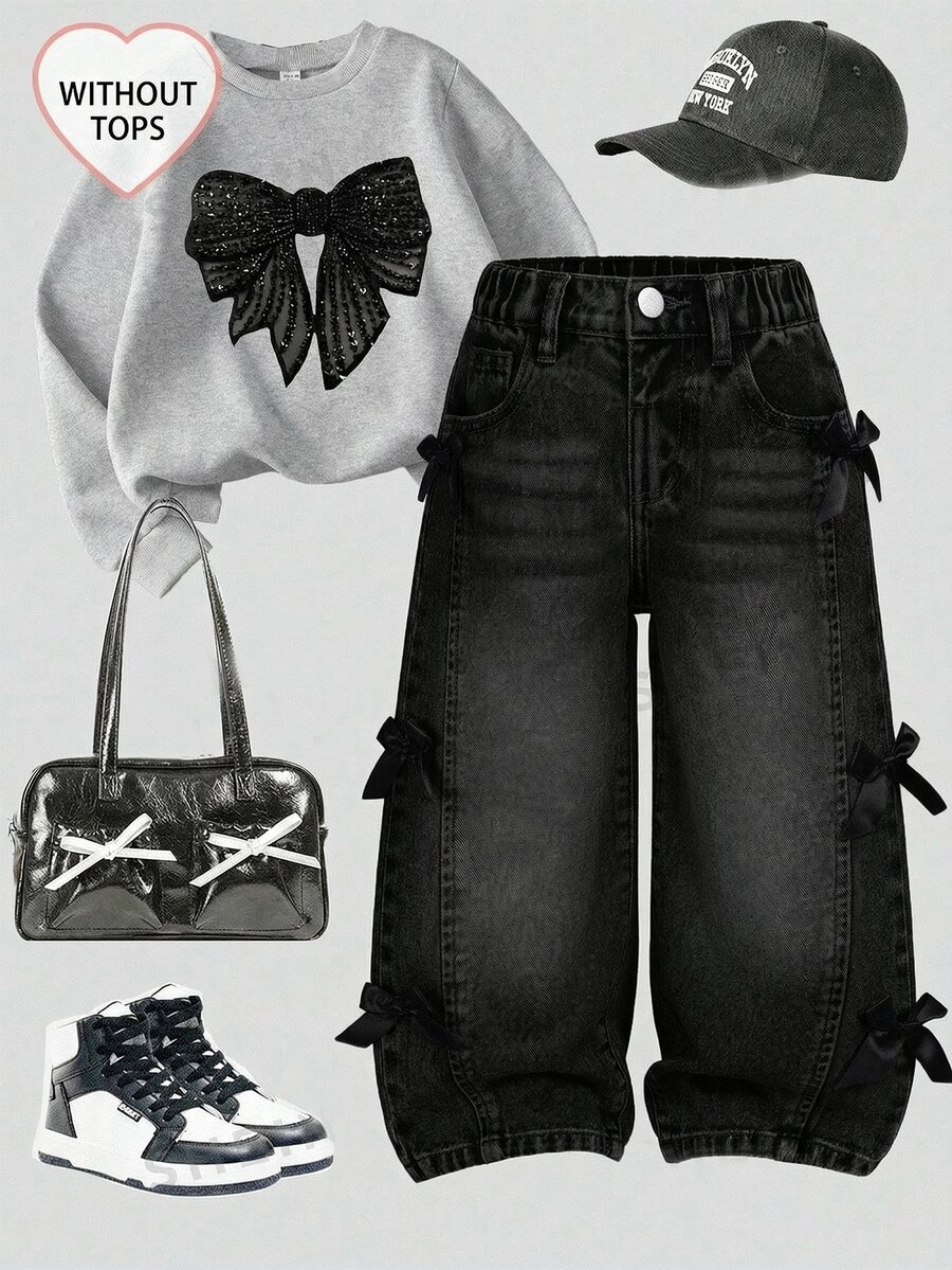 SHEIN Young Girls Distressed Vintage Fashion Personalized Front Panel Split Washed Black Bowknot Wide Leg Snug Fit Versatile Casual Denim Jeans Autumn Fall - Black - View 1