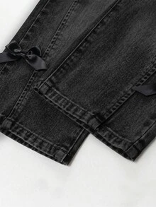 SHEIN Young Girls Distressed Vintage Fashion Personalized Front Panel Split Washed Black Bowknot Wide Leg Snug Fit Versatile Casual Denim Jeans Autumn Fall - Black - View 7