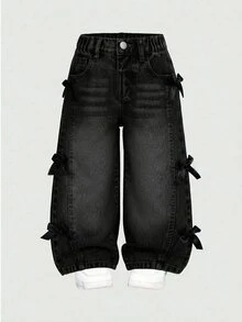 SHEIN Young Girls Distressed Vintage Fashion Personalized Front Panel Split Washed Black Bowknot Wide Leg Snug Fit Versatile Casual Denim Jeans Autumn Fall - Black - View 3