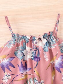 SHEIN 少女花卉叶子印花休闲连体裤，适合度假旅行 - 粉色 - 查看 5