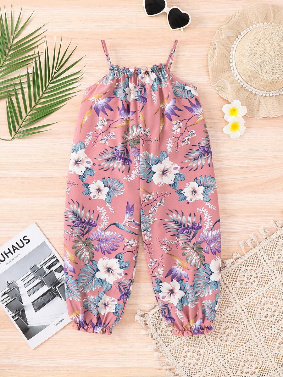 SHEIN 少女花卉叶子印花休闲连体裤,适合度假旅行 - 粉色 - 查看 1