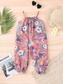 SHEIN 少女花卉叶子印花休闲连体裤，适合度假旅行 - 粉色 - 查看 2