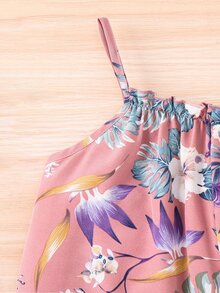 SHEIN 少女花卉叶子印花休闲连体裤，适合度假旅行 - 粉色 - 查看 4