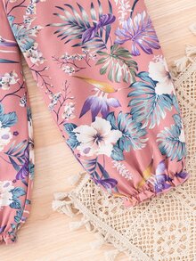 SHEIN 少女花卉叶子印花休闲连体裤，适合度假旅行 - 粉色 - 查看 3