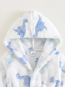 SHEIN 新生兒男嬰女嬰卡通恐龍圖案保暖內裡加厚連帽長袖前綁帶睡袍 秋冬款 - 白色 - 查看 8