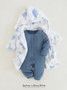 SHEIN 新生兒男嬰女嬰卡通恐龍圖案保暖內裡加厚連帽長袖前綁帶睡袍 秋冬款 - 白色 - 查看 7