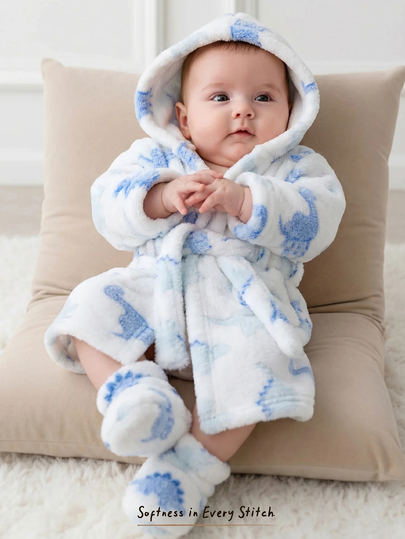SHEIN Newborn Baby Boy Baby Girl Cartoon Dinosaur Pattern Thermal Lined Thick Hooded Long Sleeve Tie-Front Robe Autumn Winter