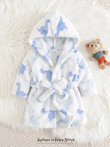SHEIN 新生兒男嬰女嬰卡通恐龍圖案保暖內裡加厚連帽長袖前綁帶睡袍 秋冬款 - 白色 - 查看 9