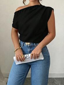 Elenzga Black Plus Size Casual Chic Elegant Pleated Design Short Sleeve Blouse, Suitable For Spring, Summer And Autumn Night Office Date Night Daily - Black - View 4