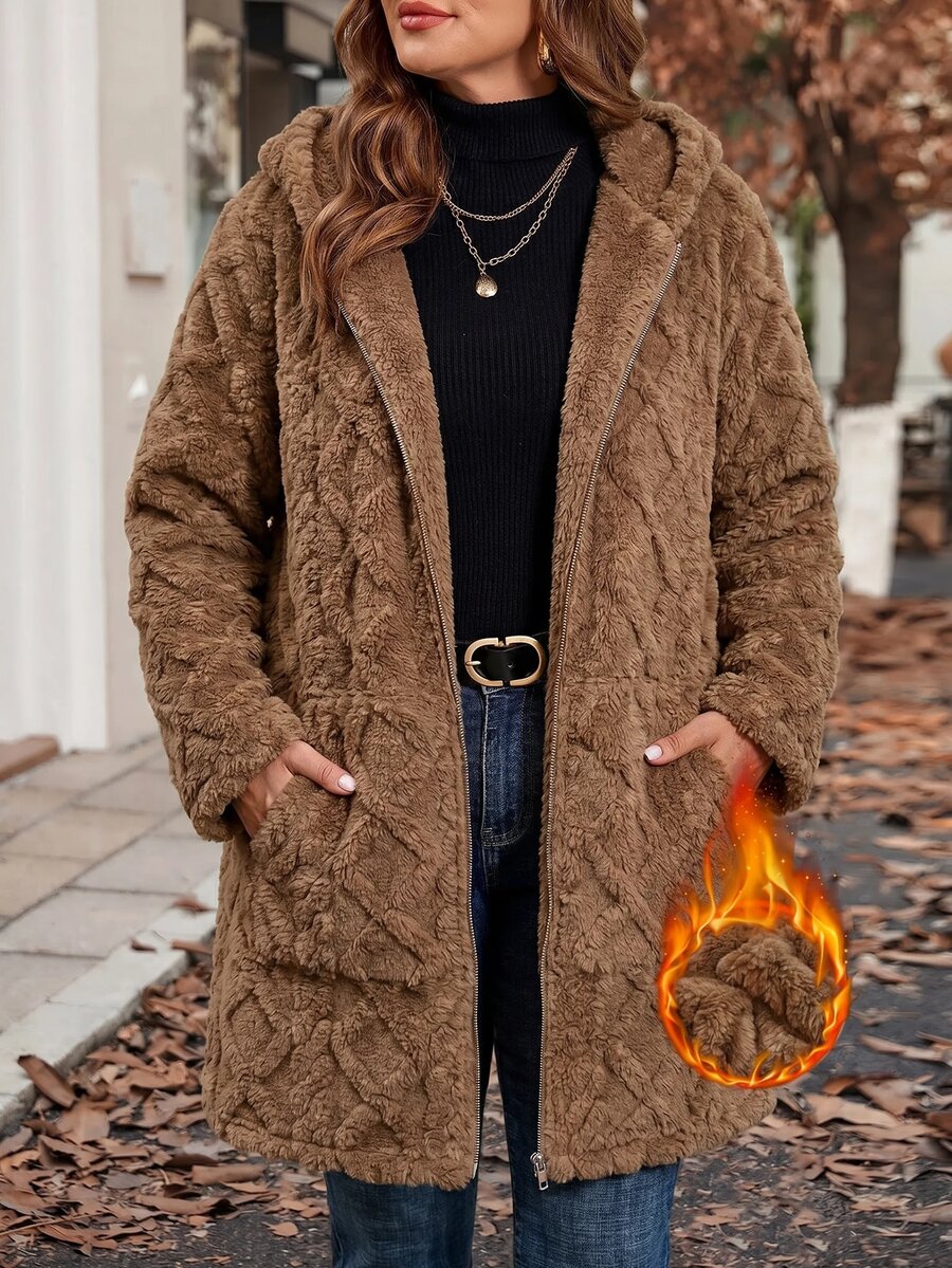 SHEIN Clasi 大尺碼女款純色保暖內裡連帽長袖秋季戶外夾克 教師風格 棕色 簡約休閒 哥德風