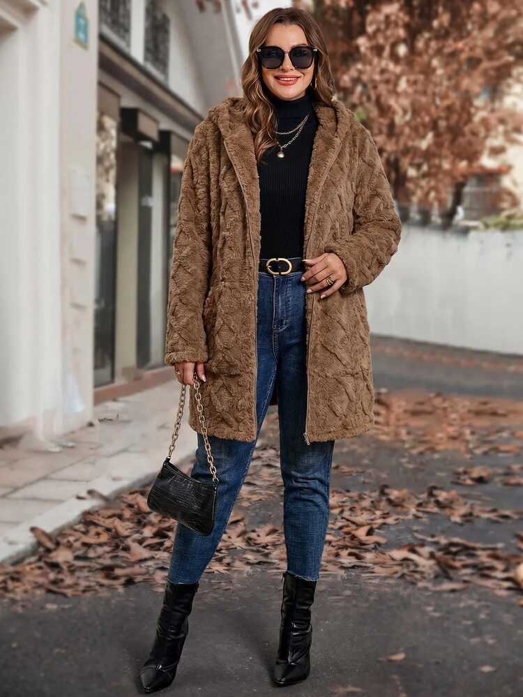 SHEIN Clasi Plus Size Women's Solid Color Thermal Lined Hooded Long Sleeve Autumn Outdoor Jacket Teacher Club Brown Smart Casual Goth - Brown - View 4