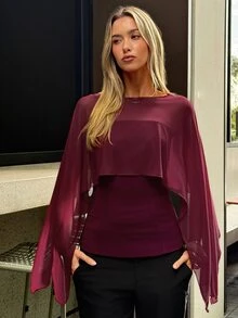 Aloruh 女款純色時尚披肩領優雅酒紅色襯衫，外出上衣、約會上衣、婚禮賓客、教師穿搭 - 酒紅色 - 查看 6