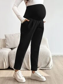 SHEIN Maternity Casual Solid Color Adjustable Waist Pants Fall - Black - View 3