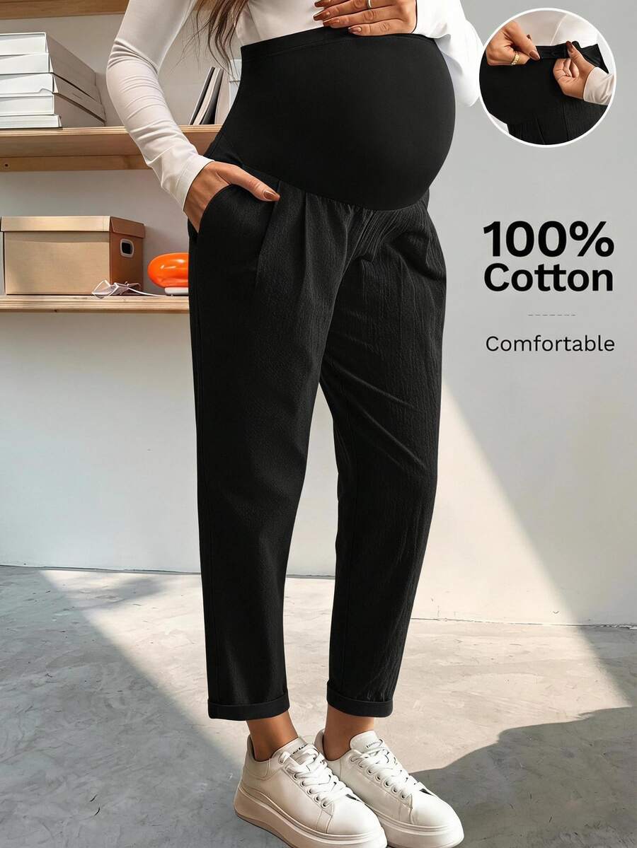SHEIN Maternity Casual Solid Color Adjustable Waist Pants Fall - Black - View 1